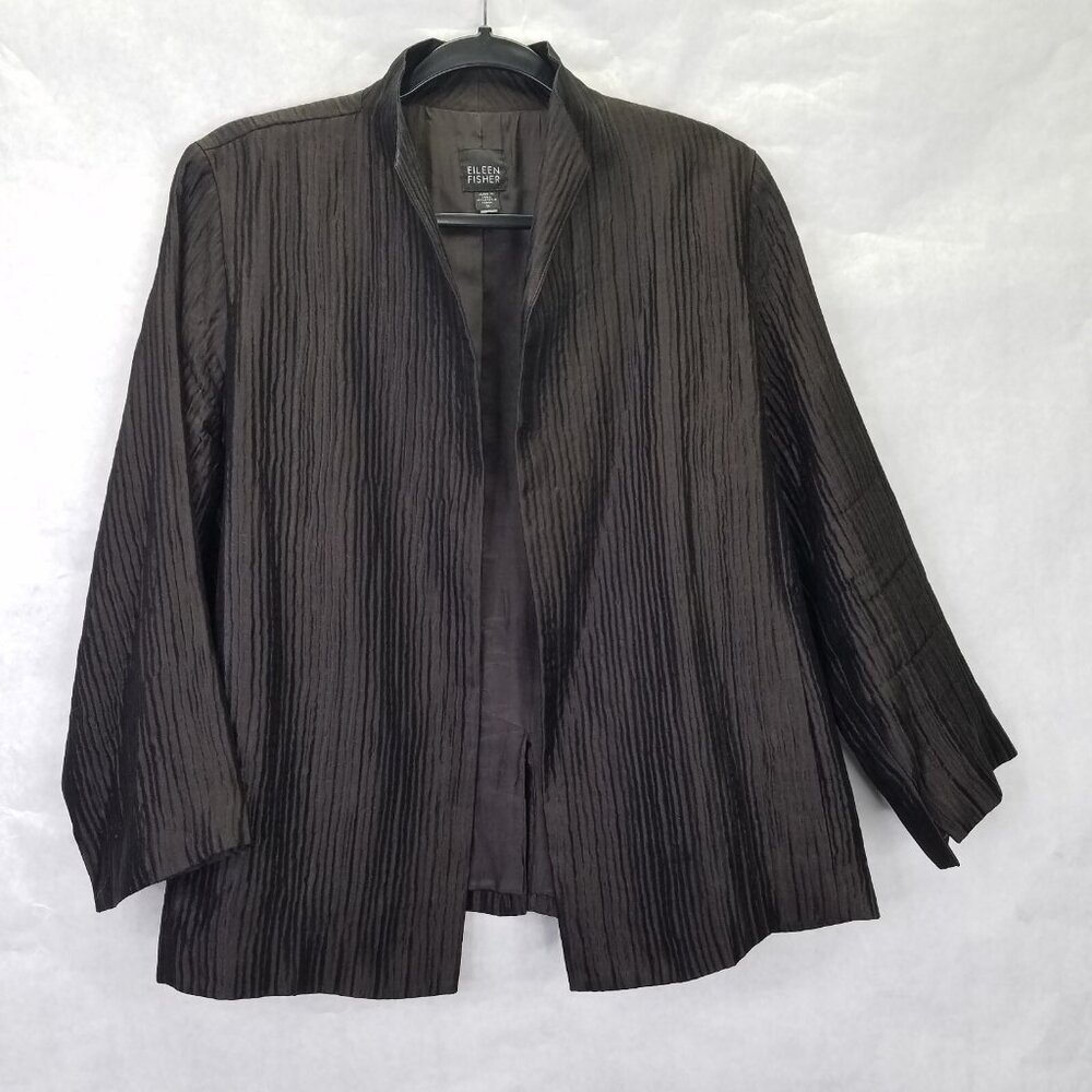 Eileen Fisher Silk Open Front Blazer Jacket M Textured Lined Brown 3/4 Sleeve